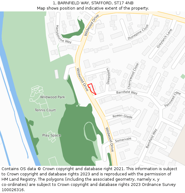 1, BARNFIELD WAY, STAFFORD, ST17 4NB: Location map and indicative extent of plot