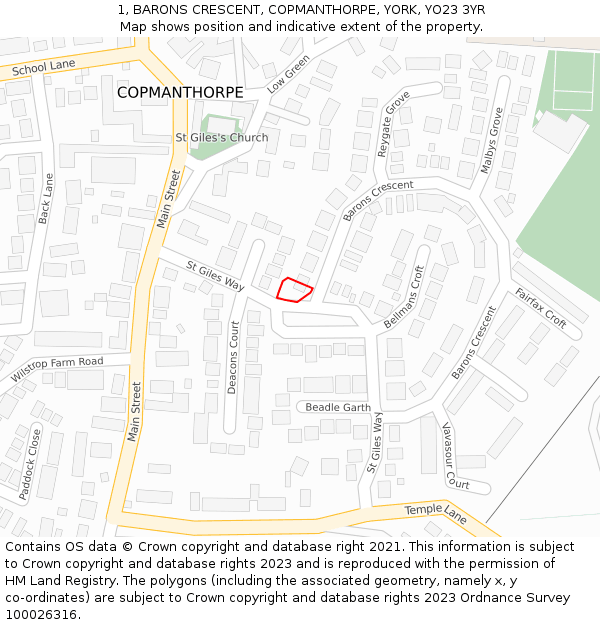 1, BARONS CRESCENT, COPMANTHORPE, YORK, YO23 3YR: Location map and indicative extent of plot