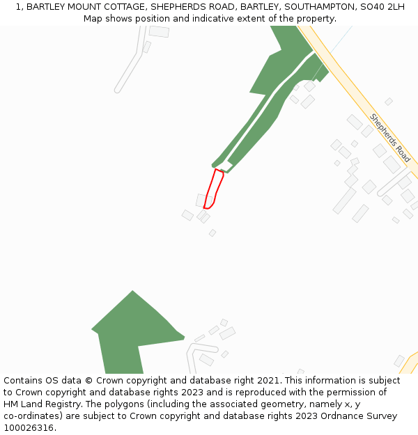 1, BARTLEY MOUNT COTTAGE, SHEPHERDS ROAD, BARTLEY, SOUTHAMPTON, SO40 2LH: Location map and indicative extent of plot
