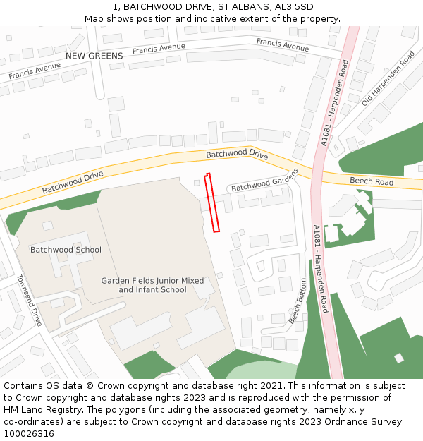 1, BATCHWOOD DRIVE, ST ALBANS, AL3 5SD: Location map and indicative extent of plot