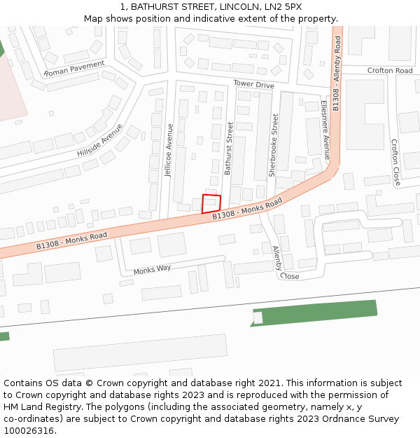 1, BATHURST STREET, LINCOLN, LN2 5PX: Location map and indicative extent of plot