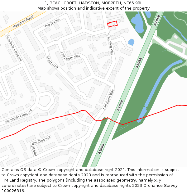 1, BEACHCROFT, HADSTON, MORPETH, NE65 9RH: Location map and indicative extent of plot