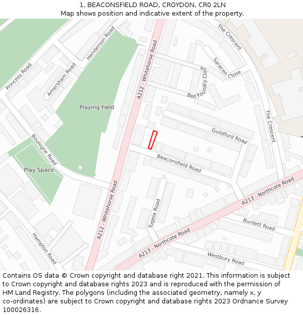 1, BEACONSFIELD ROAD, CROYDON, CR0 2LN: Location map and indicative extent of plot