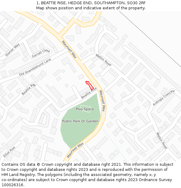 1, BEATTIE RISE, HEDGE END, SOUTHAMPTON, SO30 2RF: Location map and indicative extent of plot
