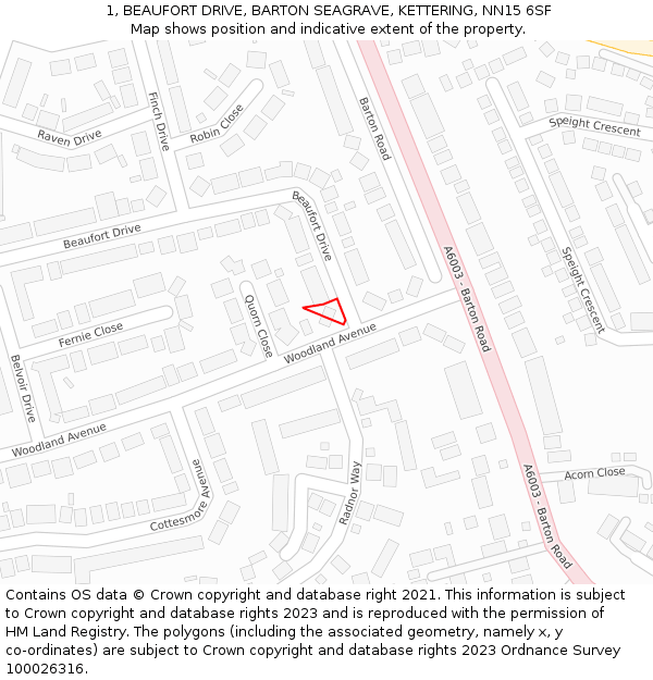 1, BEAUFORT DRIVE, BARTON SEAGRAVE, KETTERING, NN15 6SF: Location map and indicative extent of plot