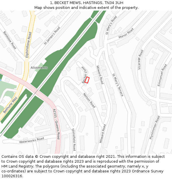 1, BECKET MEWS, HASTINGS, TN34 3UH: Location map and indicative extent of plot