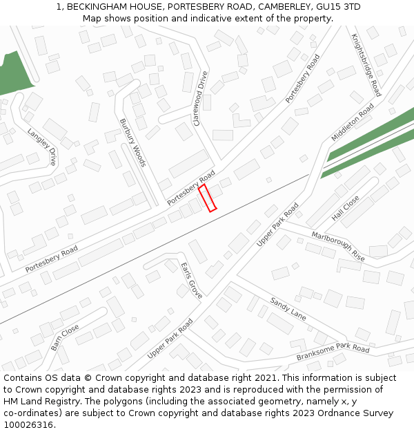 1, BECKINGHAM HOUSE, PORTESBERY ROAD, CAMBERLEY, GU15 3TD: Location map and indicative extent of plot