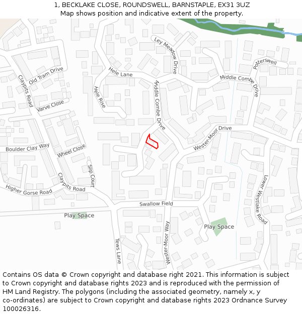 1, BECKLAKE CLOSE, ROUNDSWELL, BARNSTAPLE, EX31 3UZ: Location map and indicative extent of plot