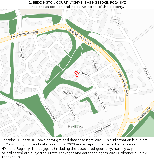 1, BEDDINGTON COURT, LYCHPIT, BASINGSTOKE, RG24 8YZ: Location map and indicative extent of plot