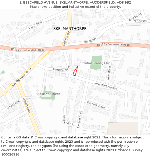1, BEECHFIELD AVENUE, SKELMANTHORPE, HUDDERSFIELD, HD8 9BZ: Location map and indicative extent of plot