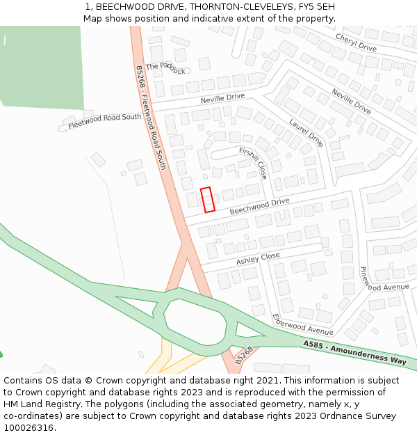 1, BEECHWOOD DRIVE, THORNTON-CLEVELEYS, FY5 5EH: Location map and indicative extent of plot