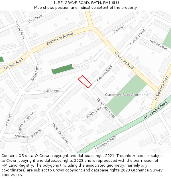 1, BELGRAVE ROAD, BATH, BA1 6LU: Location map and indicative extent of plot