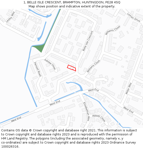1, BELLE ISLE CRESCENT, BRAMPTON, HUNTINGDON, PE28 4SQ: Location map and indicative extent of plot