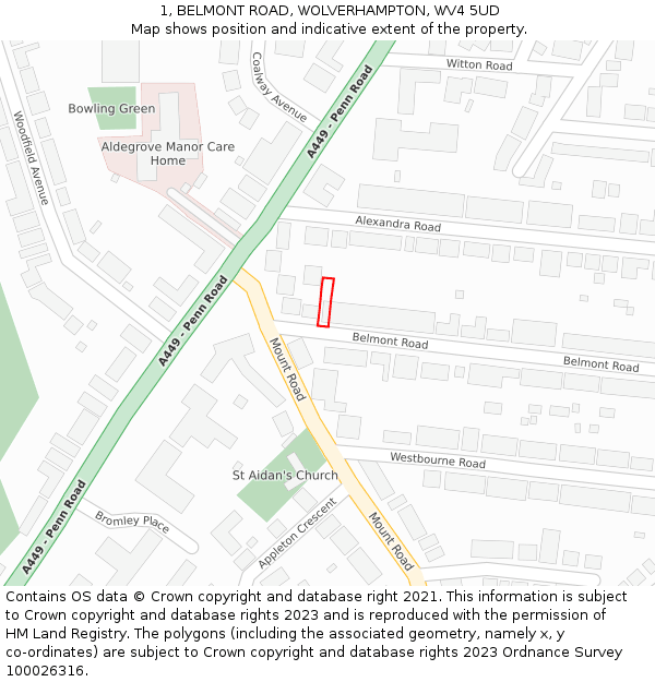 1, BELMONT ROAD, WOLVERHAMPTON, WV4 5UD: Location map and indicative extent of plot