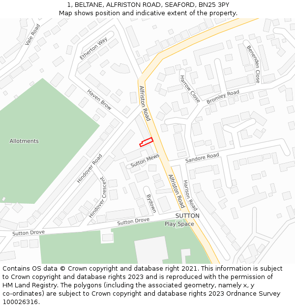 1, BELTANE, ALFRISTON ROAD, SEAFORD, BN25 3PY: Location map and indicative extent of plot
