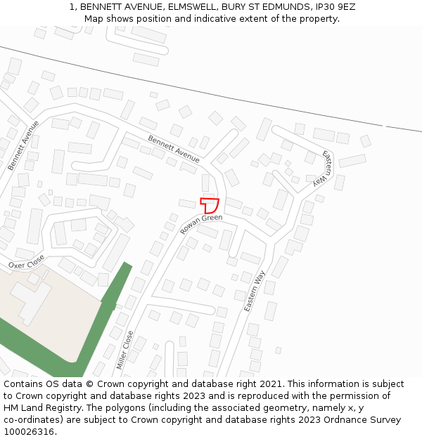 1, BENNETT AVENUE, ELMSWELL, BURY ST EDMUNDS, IP30 9EZ: Location map and indicative extent of plot
