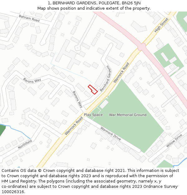 1, BERNHARD GARDENS, POLEGATE, BN26 5JN: Location map and indicative extent of plot