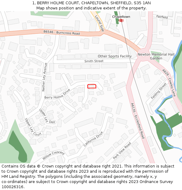 1, BERRY HOLME COURT, CHAPELTOWN, SHEFFIELD, S35 1AN: Location map and indicative extent of plot