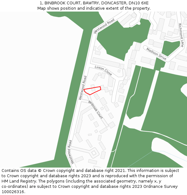 1, BINBROOK COURT, BAWTRY, DONCASTER, DN10 6XE: Location map and indicative extent of plot