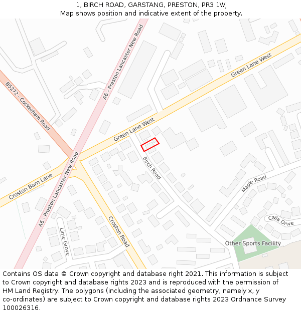 1, BIRCH ROAD, GARSTANG, PRESTON, PR3 1WJ: Location map and indicative extent of plot