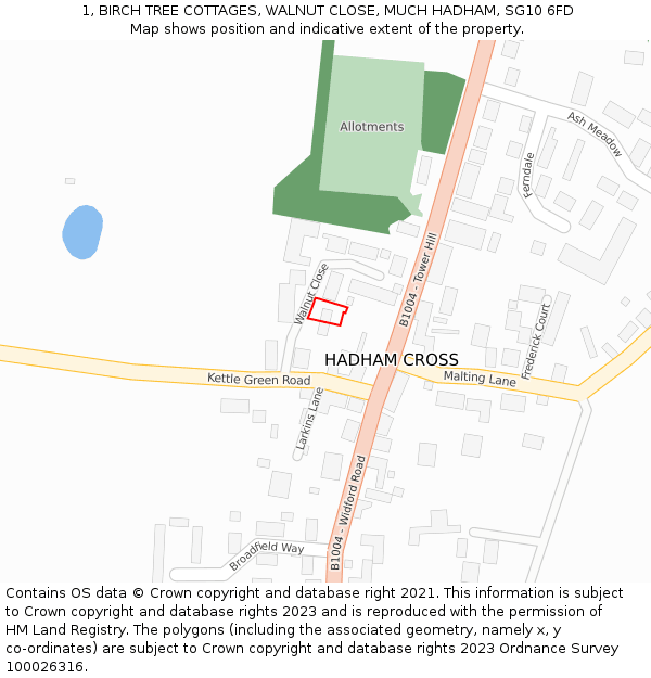 1, BIRCH TREE COTTAGES, WALNUT CLOSE, MUCH HADHAM, SG10 6FD: Location map and indicative extent of plot