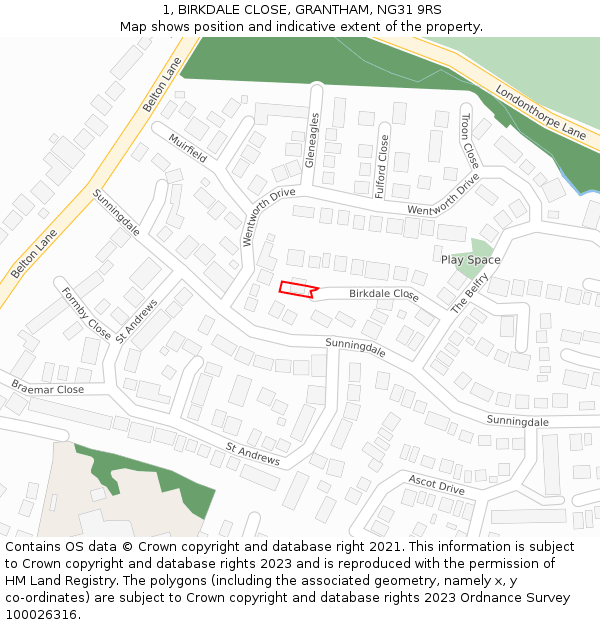 1, BIRKDALE CLOSE, GRANTHAM, NG31 9RS: Location map and indicative extent of plot