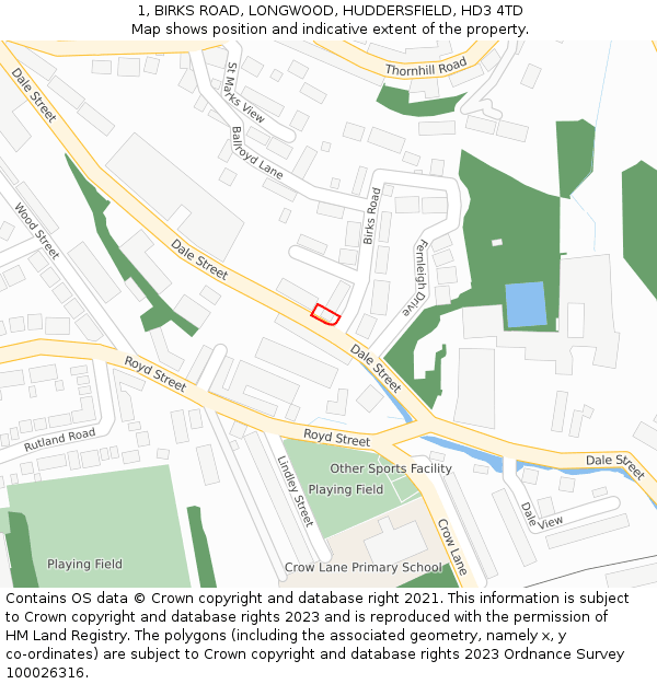 1, BIRKS ROAD, LONGWOOD, HUDDERSFIELD, HD3 4TD: Location map and indicative extent of plot