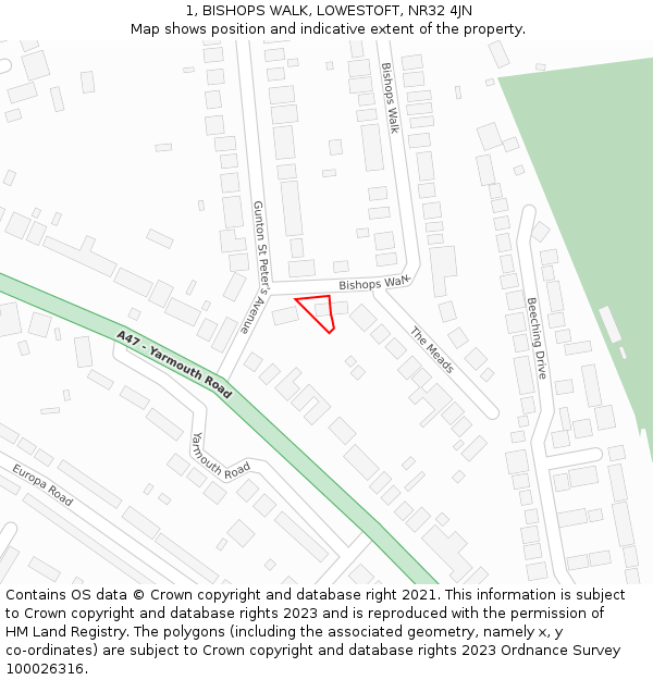 1, BISHOPS WALK, LOWESTOFT, NR32 4JN: Location map and indicative extent of plot