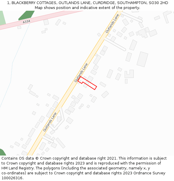 1, BLACKBERRY COTTAGES, OUTLANDS LANE, CURDRIDGE, SOUTHAMPTON, SO30 2HD: Location map and indicative extent of plot