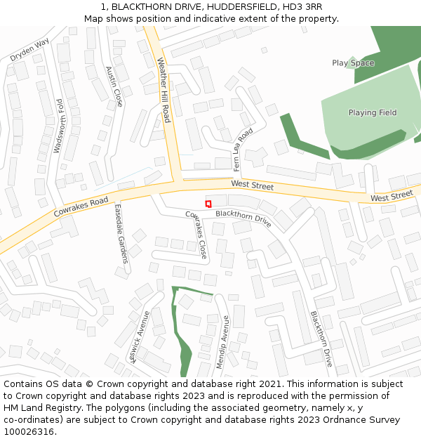 1, BLACKTHORN DRIVE, HUDDERSFIELD, HD3 3RR: Location map and indicative extent of plot