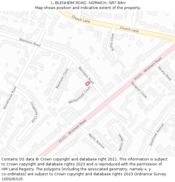 1, BLENHEIM ROAD, NORWICH, NR7 8AH: Location map and indicative extent of plot