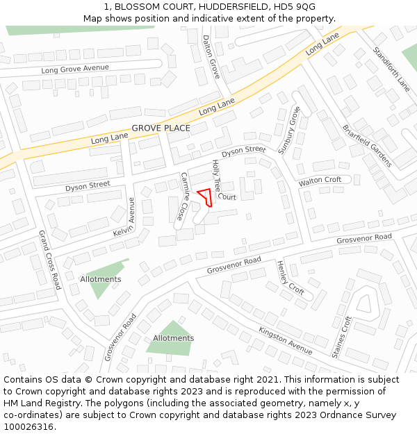 1, BLOSSOM COURT, HUDDERSFIELD, HD5 9QG: Location map and indicative extent of plot