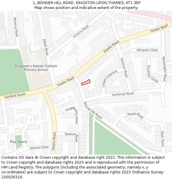 1, BONNER HILL ROAD, KINGSTON UPON THAMES, KT1 3EP: Location map and indicative extent of plot