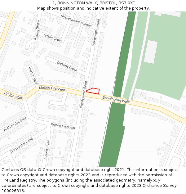 1, BONNINGTON WALK, BRISTOL, BS7 9XF: Location map and indicative extent of plot