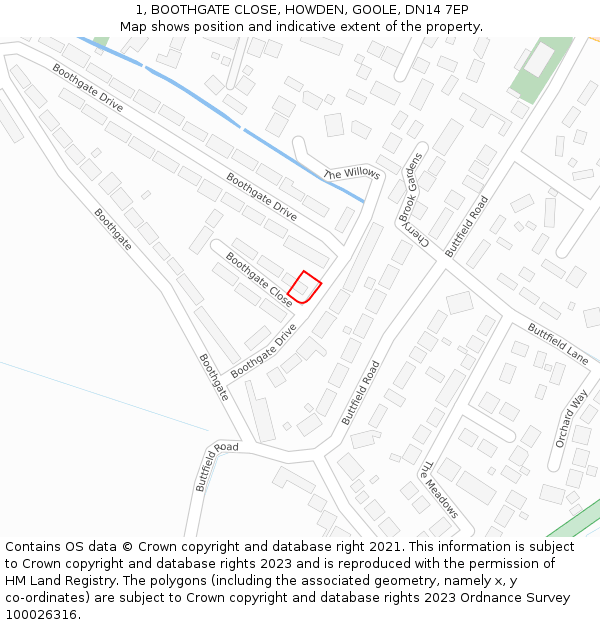 1, BOOTHGATE CLOSE, HOWDEN, GOOLE, DN14 7EP: Location map and indicative extent of plot