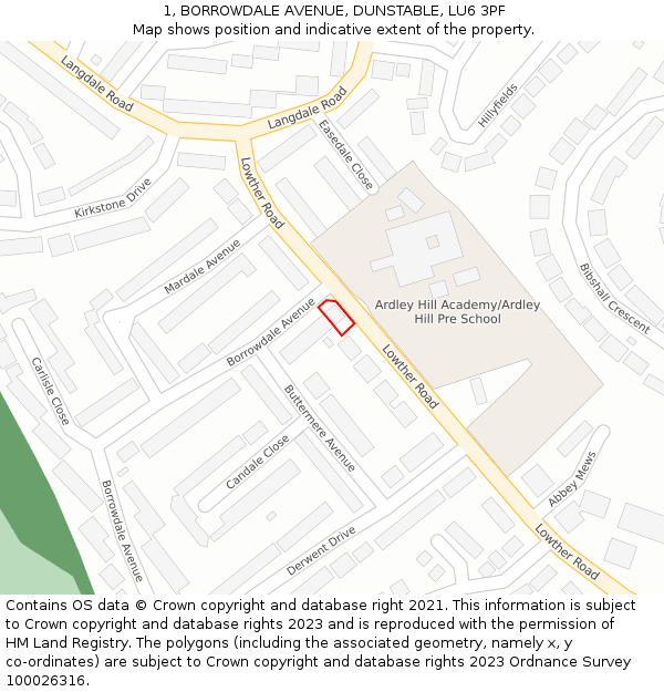 1, BORROWDALE AVENUE, DUNSTABLE, LU6 3PF: Location map and indicative extent of plot