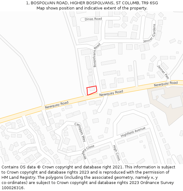 1, BOSPOLVAN ROAD, HIGHER BOSPOLVANS, ST COLUMB, TR9 6SG: Location map and indicative extent of plot