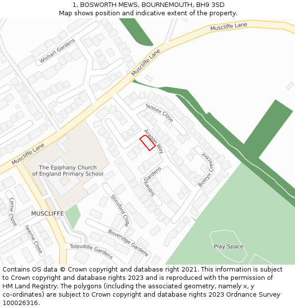 1, BOSWORTH MEWS, BOURNEMOUTH, BH9 3SD: Location map and indicative extent of plot