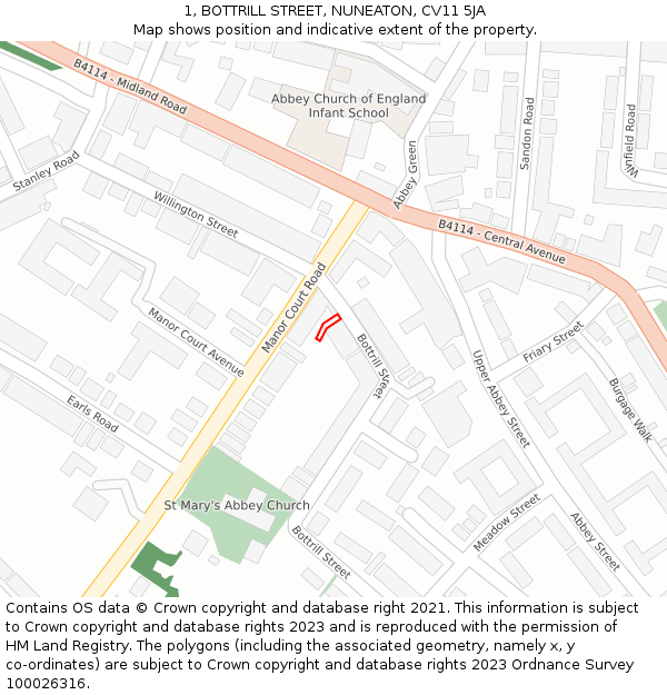 1, BOTTRILL STREET, NUNEATON, CV11 5JA: Location map and indicative extent of plot