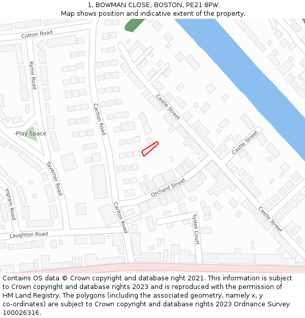 1, BOWMAN CLOSE, BOSTON, PE21 8PW: Location map and indicative extent of plot