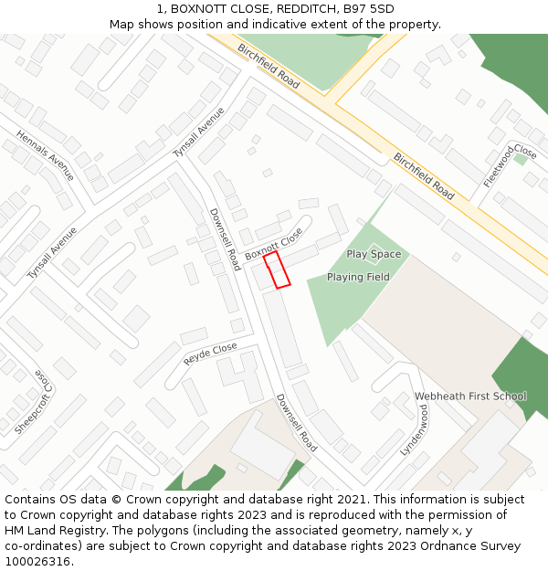 1, BOXNOTT CLOSE, REDDITCH, B97 5SD: Location map and indicative extent of plot