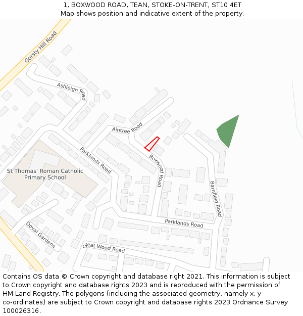 1, BOXWOOD ROAD, TEAN, STOKE-ON-TRENT, ST10 4ET: Location map and indicative extent of plot