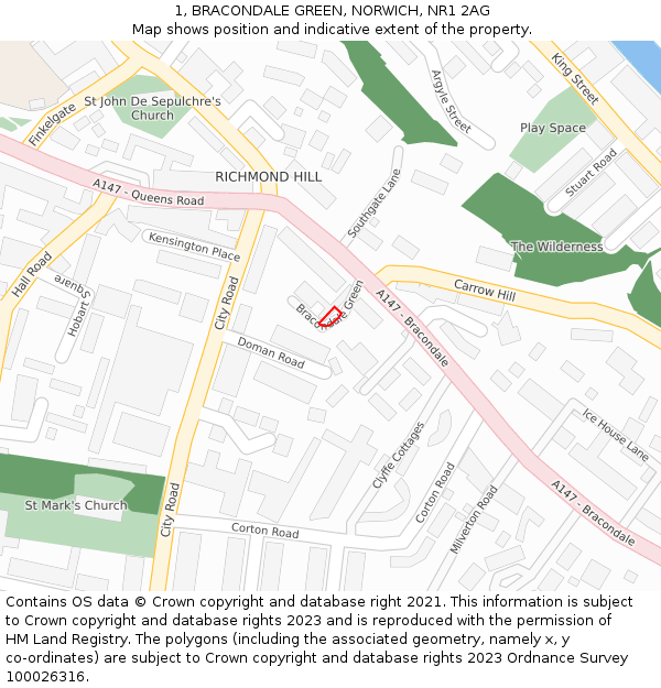 1, BRACONDALE GREEN, NORWICH, NR1 2AG: Location map and indicative extent of plot