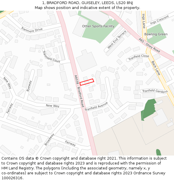 1, BRADFORD ROAD, GUISELEY, LEEDS, LS20 8NJ: Location map and indicative extent of plot