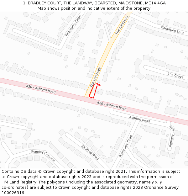 1, BRADLEY COURT, THE LANDWAY, BEARSTED, MAIDSTONE, ME14 4GA: Location map and indicative extent of plot