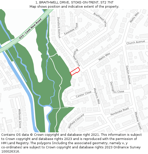 1, BRAITHWELL DRIVE, STOKE-ON-TRENT, ST2 7NT: Location map and indicative extent of plot