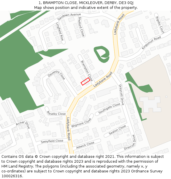 1, BRAMPTON CLOSE, MICKLEOVER, DERBY, DE3 0QJ: Location map and indicative extent of plot