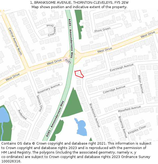 1, BRANKSOME AVENUE, THORNTON-CLEVELEYS, FY5 2EW: Location map and indicative extent of plot