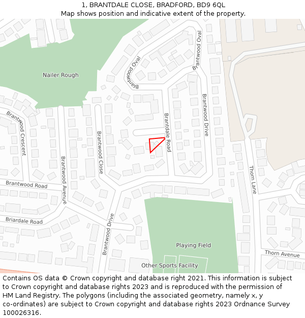 1, BRANTDALE CLOSE, BRADFORD, BD9 6QL: Location map and indicative extent of plot