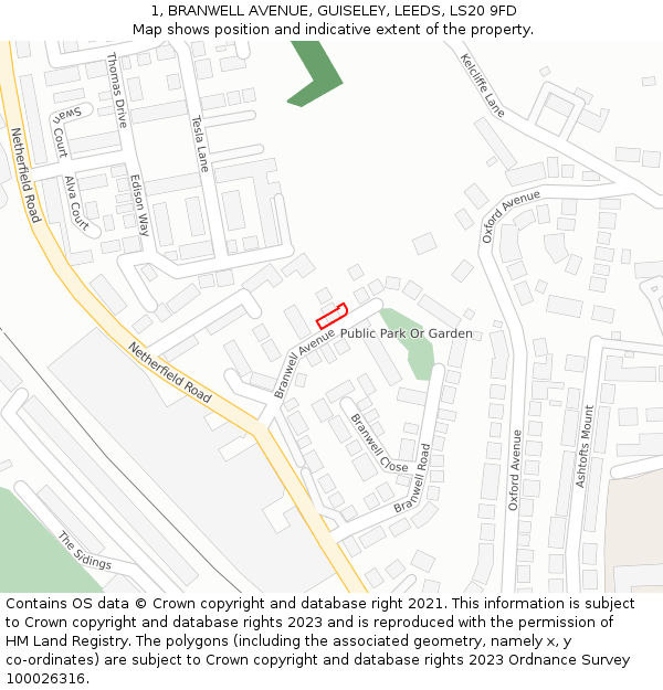 1, BRANWELL AVENUE, GUISELEY, LEEDS, LS20 9FD: Location map and indicative extent of plot